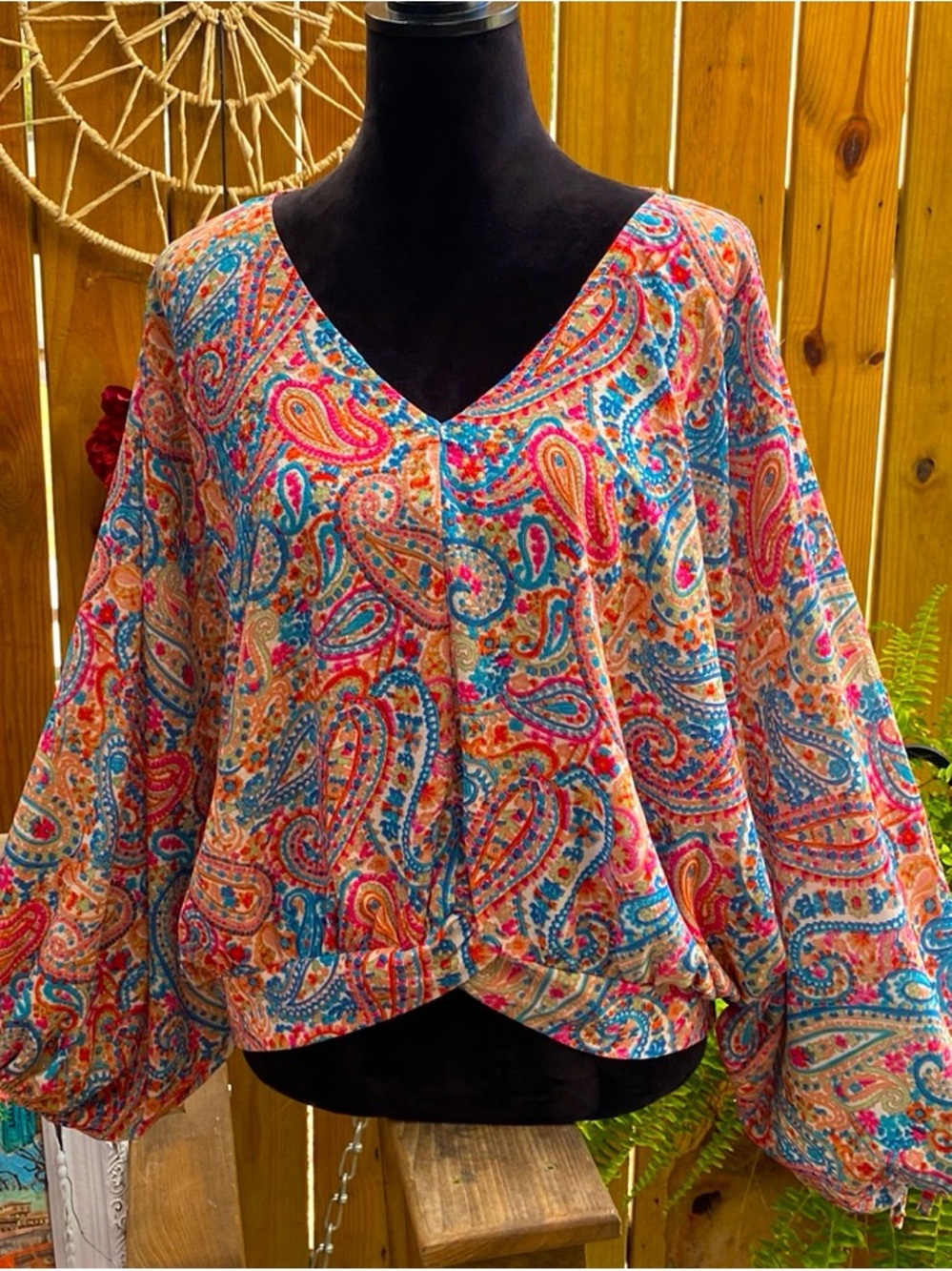 Umgee Multicolor Paisley V-Neck Balloon Sleeve Blouse